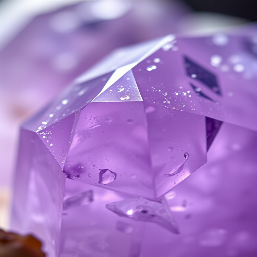 high-resolution close-up of an amethyst crystal, with sharp focus on the facets, soft natural light, macro lens, f/2.8 aperture, 100mm lens, ISO 100, HDR imaging, shallow depth of field