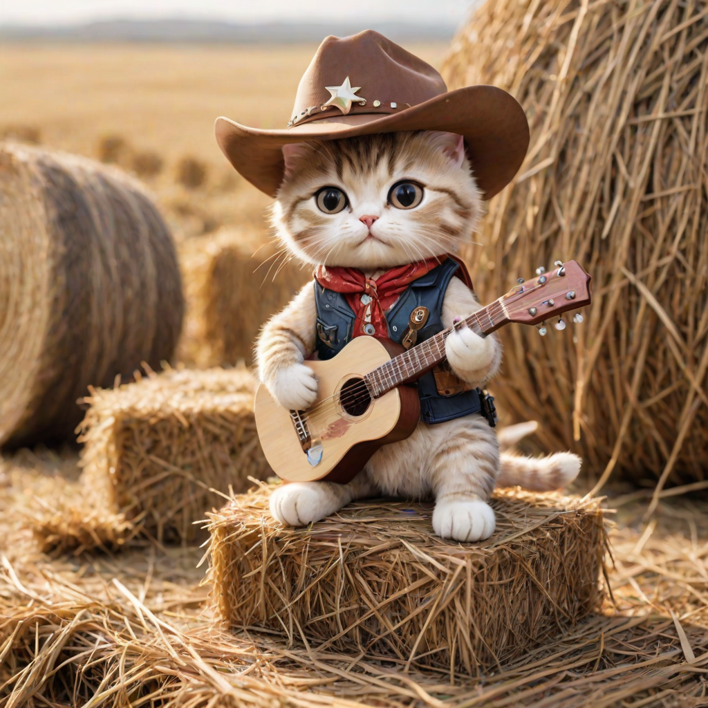 A chibi cat, dressed as a cowboy, playing guitar, sitting on a hay bale