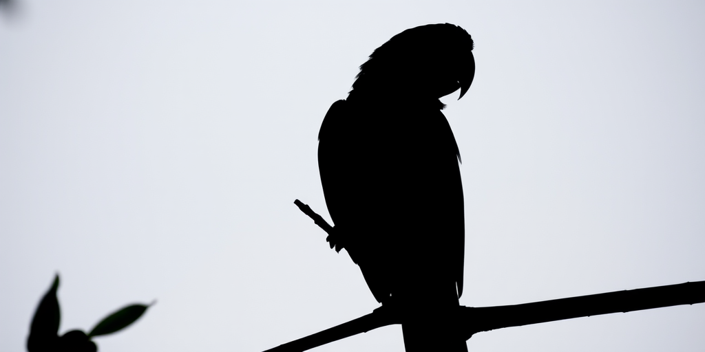 Create a high-quality image of a parrot silhouette perched on a branch, captured with a Canon EOS R5, 85mm lens, f/1.8 aperture, ISO 100, natural lighting, and a slight vignette effect.