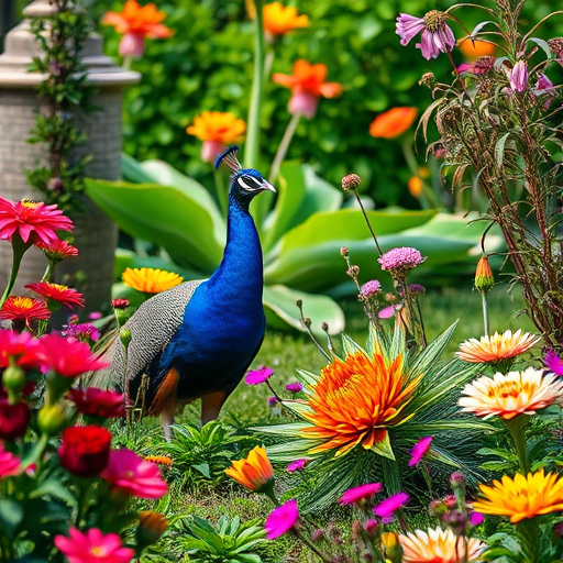 Generate a vibrant garden scene featuring a peacock among lush flowers and plants, shot with a Canon EOS R5 at f/2.8, 1/200s, ISO 100, using a 50mm lens from a low angle to capture depth and color, in natural daylight for enhanced clarity.