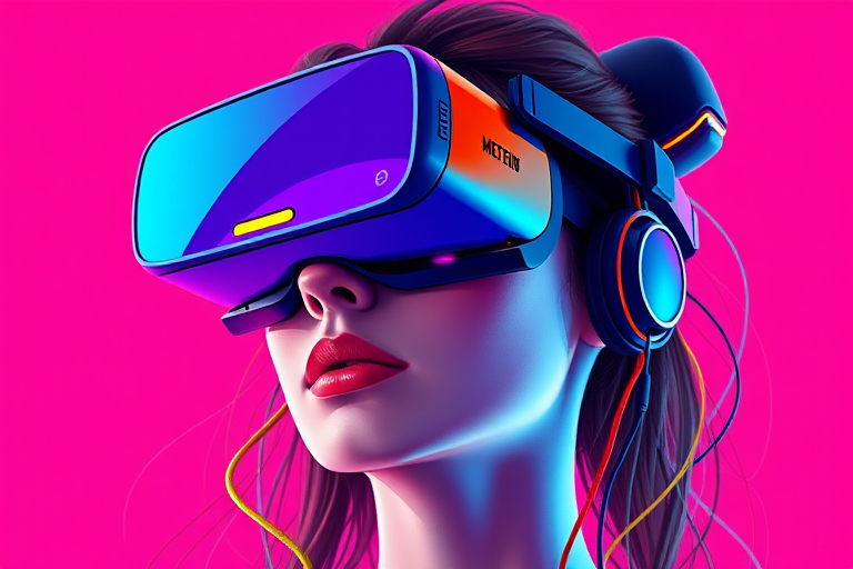 Create a vibrant digital illustration of a woman wearing futuristic VR goggles, with colorful wires extending from the headset, set against a bright pink background, using a shallow depth of field, ISO 100, f/2.8, and a 50mm lens to enhance the sharpness and detail.