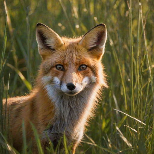 Sharp, high-resolution photo of a fox peeking through tall grass, soft light from the early morning sun illuminating its fur, distant forest in soft focus, and a sense of quiet curiosity.