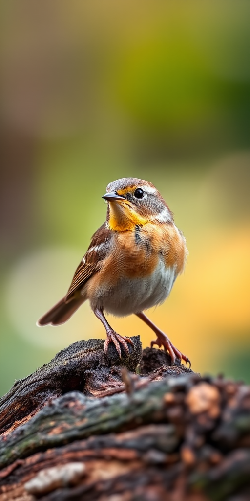 A well-lit close-up of a wren perched on a log, with a blurred natural background, taken with a Canon EOS 5D Mark IV, 100mm lens, f/2.8 aperture, ISO 200, shutter speed 1/500s, using a soft focus style.