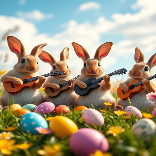 A whimsical scene of four rabbits playing musical instruments in a colorful meadow filled with Easter eggs, vibrant blue sky in the background, shot with a Canon EOS R5, 50mm f/1.8 lens, natural light, low angle view, vibrant color profile.