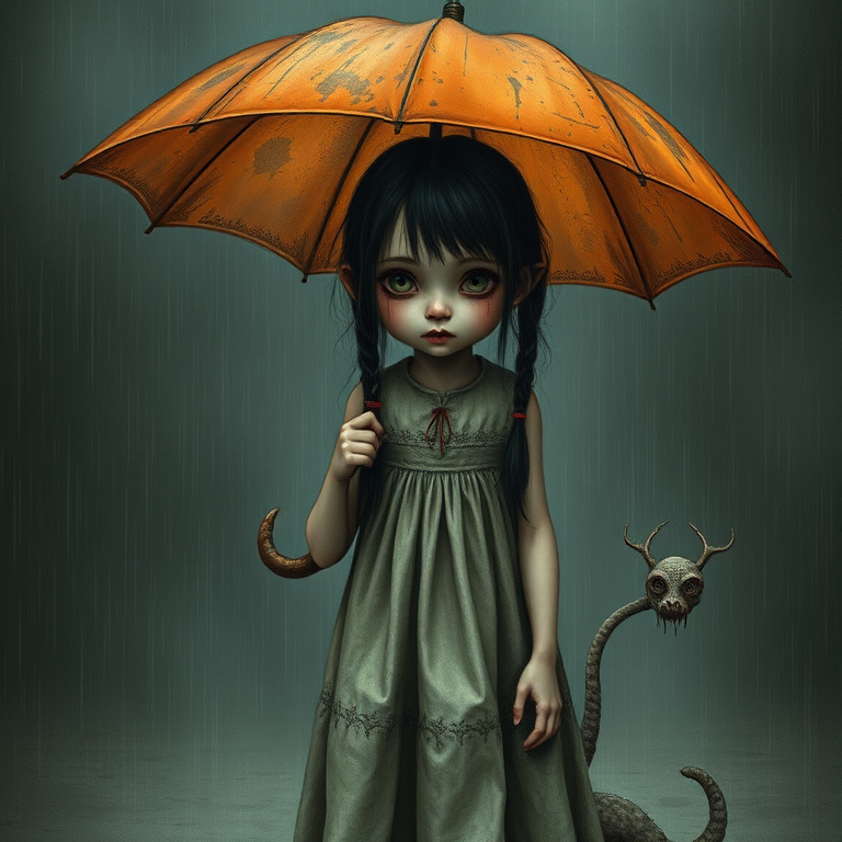 An eerie, weird little girl with dark hair in thin pigtails, wearing a smock dress, standing in the rain, holding a dirty orange umbrella, a small, odd creature beside her. In a surreal style inspired by Nicoletta Ceccoli and Brian Froud. Dark fantasy themes