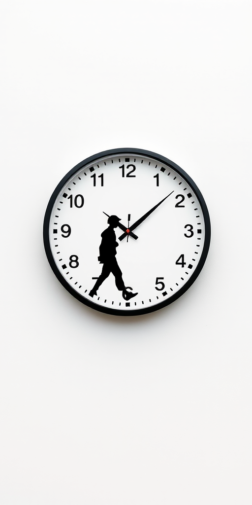 Design a digital artwork of a wall clock featuring a silhouette of a person walking, with a clean white background and bold black clock hands, set in a 1080p resolution, using a DSLR camera with a 35mm lens, aperture f/4, shutter speed 1/60 sec, and ISO 200, capturing a flat lay perspective.