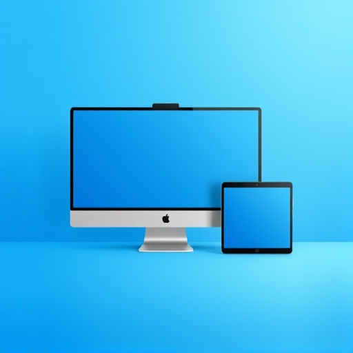 Create a digital illustration of multiple devices including a large monitor, tablet, and smartphone on a gradient blue background with a focus on minimalistic design, use a Canon EOS R5 camera with 50mm lens, f/2.8 aperture, ISO 100, and shot in natural light for enhanced clarity and sharpness.