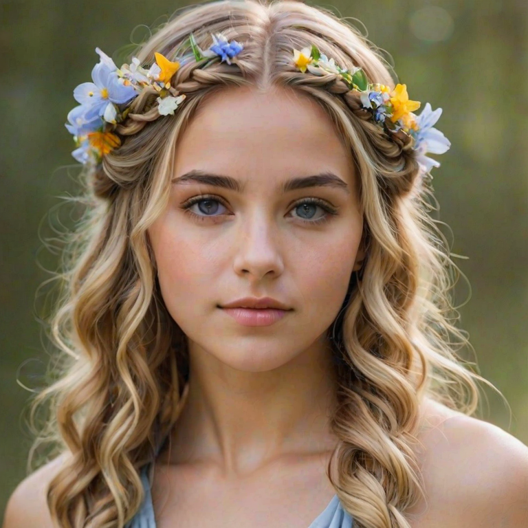 Create an image of a young Hispanic woman with long, wavy blonde hair, adorned with small, colorful flowers woven into her braids and loose strands. Her complexion is fair, with soft, glowing skin, and she has light blue eyes that gaze softly at the viewer. She wears a light, flowing dress with a gentle, ethereal quality, complementing her delicate and serene appearance. The background is slightly blurred, drawing focus to her tranquil expression and the intricate details of the flowers in her hair. The overall mood of the image is one of natural beauty and grace, evoking a sense of peacefulness and connection with nature.