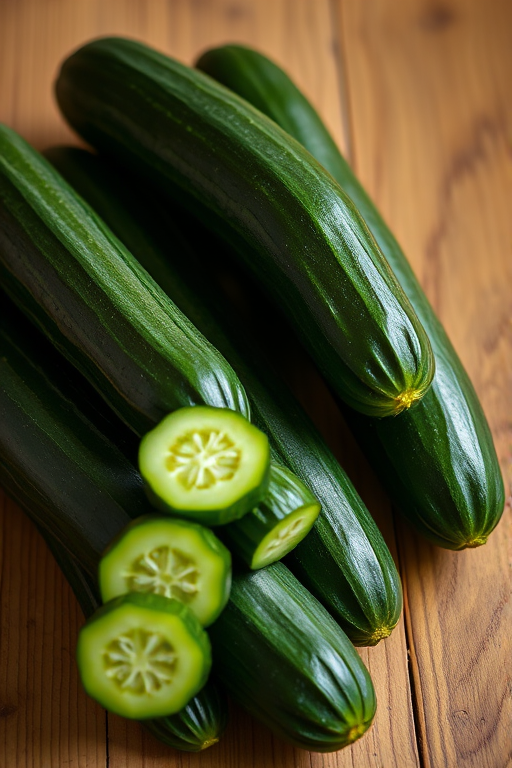 regenerate the image of multiple fresh cucumbers arranged aesthetically on a wooden surface, captured with a Canon EOS R5, 50mm lens, aperture f/2.8, ISO 200, natural lighting to enhance colors and texture