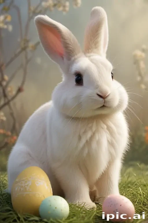 A Charming White Rabbit Surrounded by Colorful Easter Eggs in Nature.