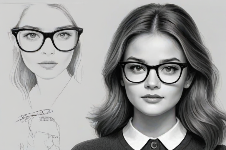 Charming Ciara Bravo, pencil sketch, portrait of Alluring woman 1956s in glasses, hair style beatnik, outline, clear lines, fine lines, 8k