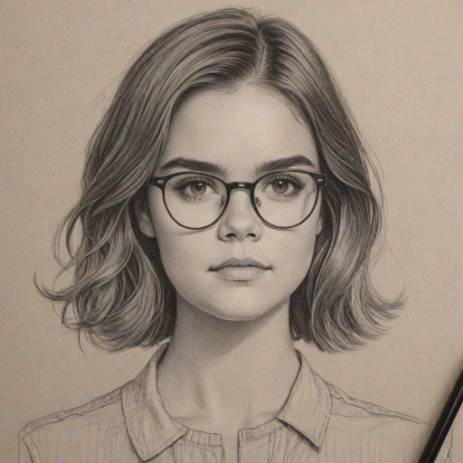 Bewitching Maia Mitchell, pencil sketch, portrait of Magnificent woman 1972s in glasses, hair style beatnik, outline, clear lines, fine lines, 8k