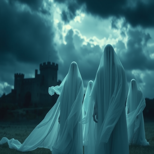 Regenerate an ethereal scene of ghostly figures shrouded in flowing white fabric, set against a dark, stormy sky with faint silhouettes of an ancient castle in the background, use a Nikon D850 with a 24-70mm lens at f/8, ISO 200, 1/60s exposure, shot from a low angle to emphasize the height of the figures while capturing moody atmospheric lighting.