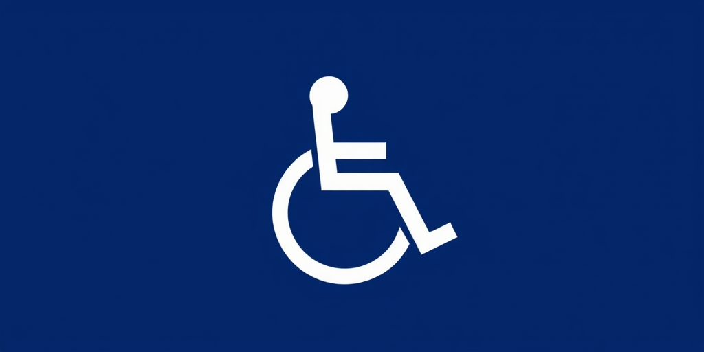 Create a high-resolution image of a simple, stylized wheelchair symbol on a solid dark blue background, using a DSLR camera with a 50mm lens, aperture set to f/2.8, ISO 100, and shot from a front view with soft lighting for clarity.
