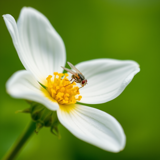 close-up shot of a white flower with yellow center and a fly on it, soft-focus green background, aperture f/2.8, ISO 200, shutter speed 1/200 sec, macro lens, DSLR camera, natural lighting, high-resolution image
