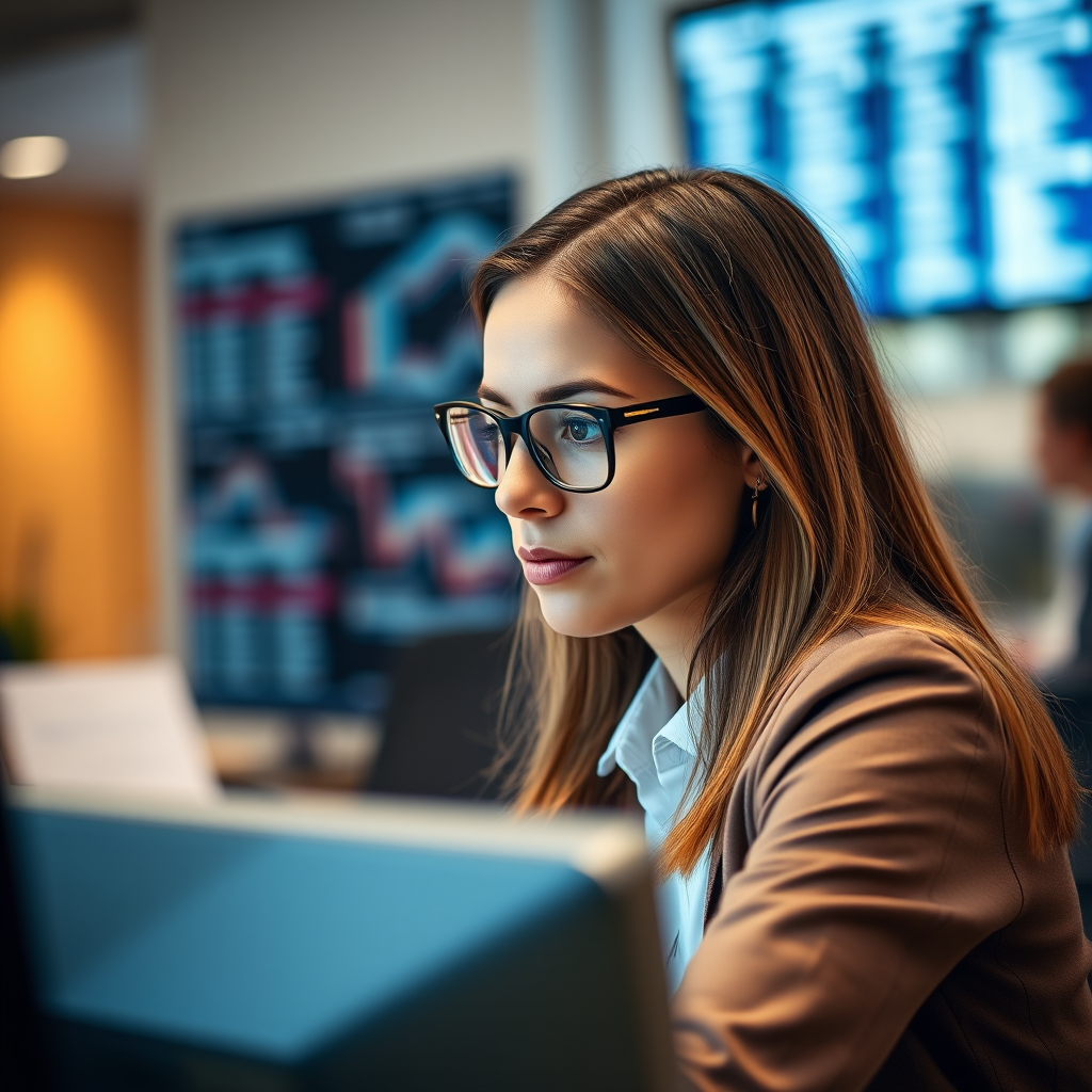 Create an image of a focused professional woman wearing glasses, working on a computer with digital data streams in the background, using a 50mm lens, f/1.8 aperture, ISO 100, and a shallow depth of field to enhance clarity, in a soft-lit office setting captured with a DSLR camera.