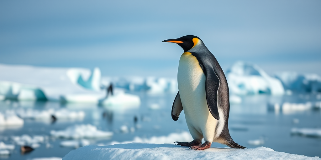 A majestic emperor penguin standing on an iceberg in a breathtaking polar landscape, captured using a DSLR camera, 50mm lens, f/2.8 aperture, ISO 100, natural lighting, 1/500 sec shutter speed, focusing on the vivid colors and details of the penguin and icy surroundings.
