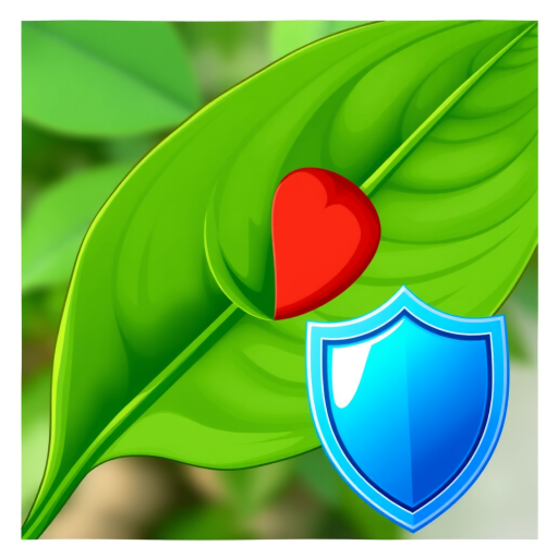 Create a digital illustration featuring a stylized green leaf, a red kiss mark, and a blue shield, captured with a DSLR camera at f/2.8 aperture, 50mm lens, natural lighting, and using a high-resolution setting for clear detail.