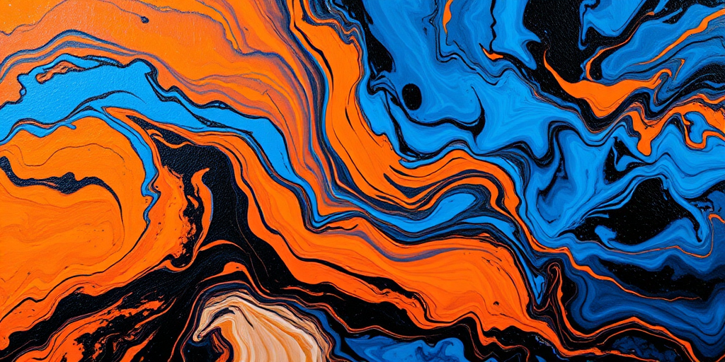Create a vibrant abstract painting with swirling colors of blue, orange, and black, emphasizing dynamic movement and texture, captured in high resolution with a DSLR camera using a 50mm lens, f/1.8 aperture, ISO 100, shot from a slightly elevated angle, and enhanced with a soft focus background.