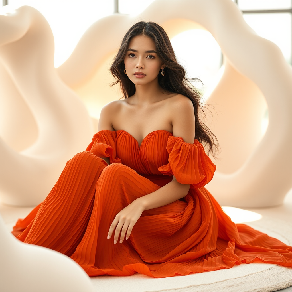 Capture a high-resolution portrait of a model in a flowing orange pleated dress, seated elegantly in a soft, organic sculptural setting; use a Canon EOS R5 with a 50mm f/1.2 lens, aperture set to f/2.8, ISO 100, and a shallow depth of field for a dreamy background bokeh effect, natural sunlight illuminating the scene.