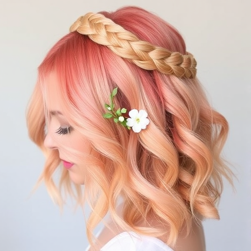 Soft peach to coral gradient named "Sunset Haze" styled in loose, romantic curls with a braided crown and delicate floral accents woven throughout