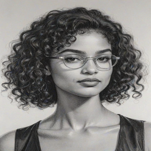 Alluring Indya Moore, pencil sketch, portrait of Radiant woman 1966s in glasses, hair style beatnik, outline, clear lines, fine lines, 8k
