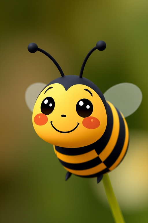 Create a cute cartoon bee with a smiling face, black and white stripes, and rounded wings, captured with a DSLR camera at f/2.8 aperture, ISO 100, with a shallow depth of field, focusing on the bee against a soft blurred background.