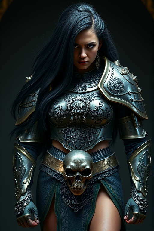 Create a photo of a fierce Yoruba female warrior with long black hair, wearing an ornate, metallic armor. The armor includes a breastplate with intricate designs, shoulder guards, and gauntlets. The breastplate is decorated with a central emblem, possibly representing a mythical symbol, and has a sculpted, form-fitting design. She wears a belt with a large skull ornament at the center, and her armor extends into a partial skirt, revealing one leg. The overall look is both protective and stylish, with a dark, gothic aesthetic. The background is dimly lit, suggesting a medieval or fantasy setting, enhancing the warrior's imposing presence and intense expression.