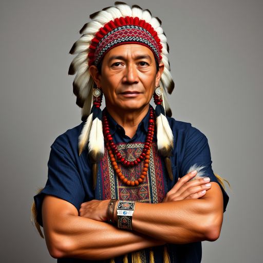 Create a dignified portrait of a Native American man dressed in traditional attire. He wears a beautifully crafted headdress adorned with white feathers and red beads, along with a beaded headband featuring intricate patterns. His clothing includes a deep blue, patterned shirt and a traditional chest piece with detailed beadwork. His arms are crossed, displaying leather armbands decorated with feathers. The background is simple and neutral, emphasizing his proud and stoic expression. The overall image captures the rich cultural heritage and strength of his persona.