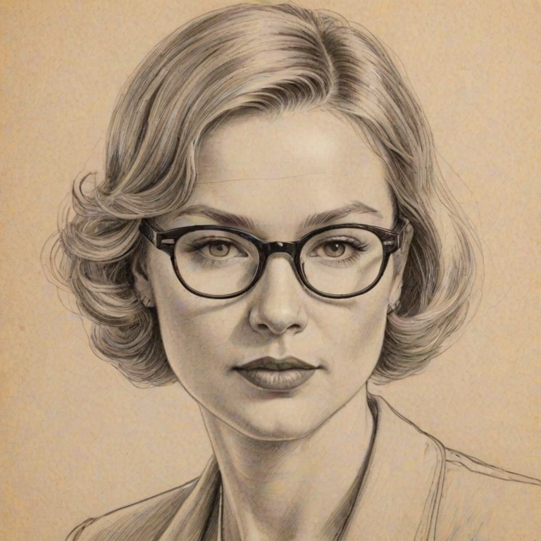 Appealing Ren'e Zellweger, pencil sketch, portrait of Dazzling woman 1933s in glasses, hair style beatnik, outline, clear lines, fine lines, 8k
