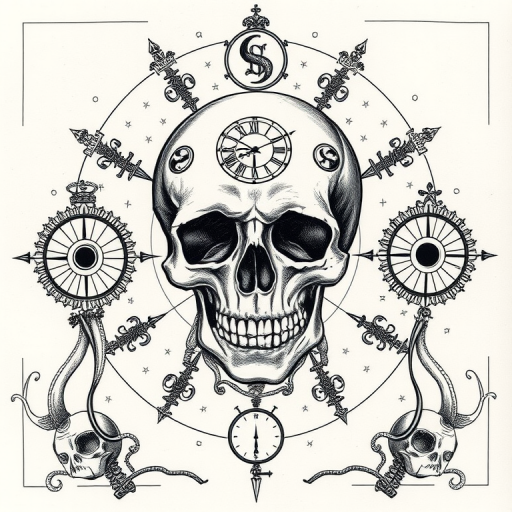 Etching-style tattoo called "Memento Mori" featuring a detailed skull surrounded by symbols of mortality and the passage of time, rendered entirely in fine black lines to mimic engraved illustrations