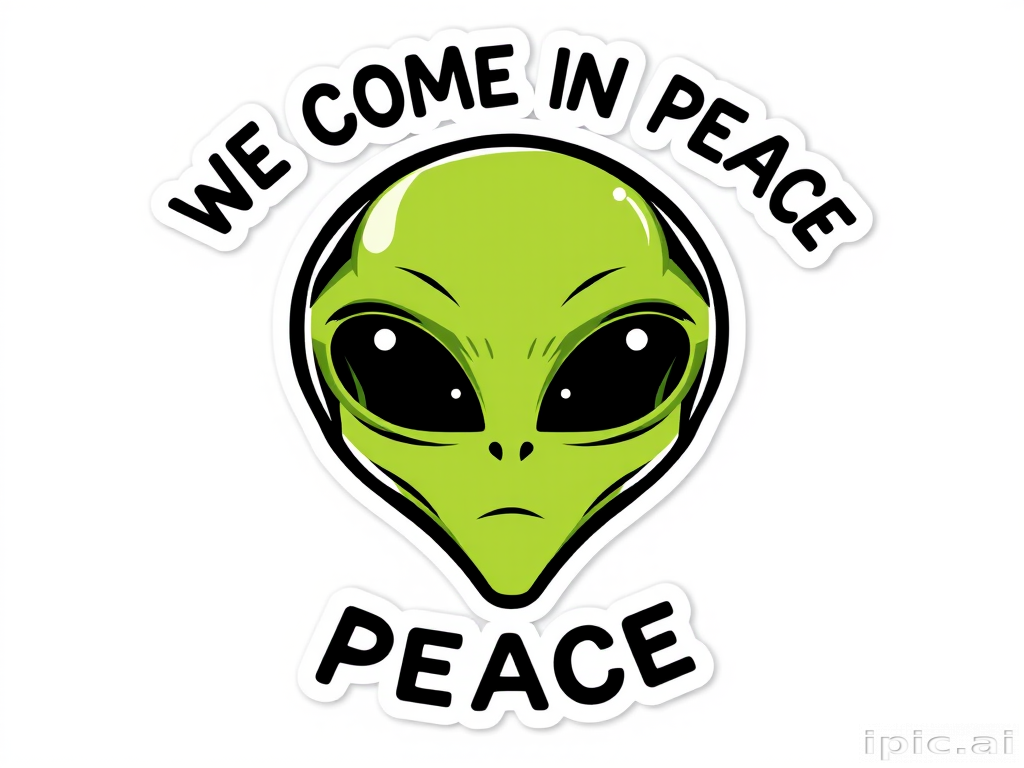 a vinyl sticker design of a cartoon green alien face with the words typed clearly "WE COME IN PEACE" above, bold outline, clear background
