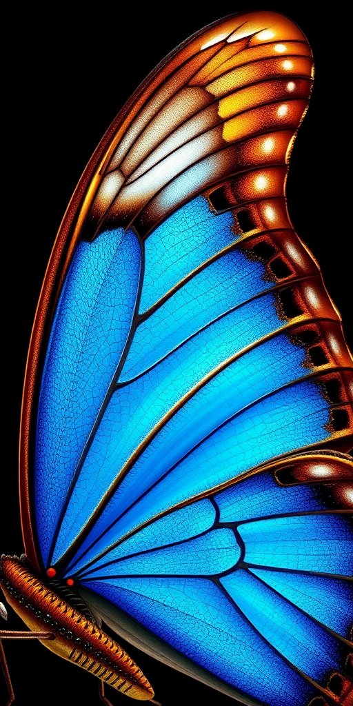 Create a detailed and vibrant image of a butterfly with bright blue wings and brown edges, showcasing intricate patterns and textures. The background should be dark to highlight the butterfly's colors and features, emphasizing its beauty and elegance.