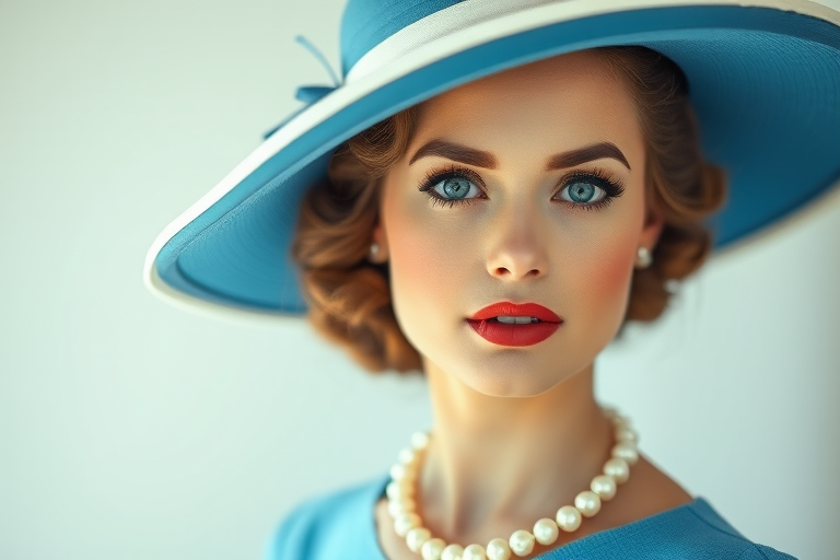 Create a high-resolution vintage portrait of an elegant woman wearing a large blue hat with white trim, styled hair, pearl necklace, and vintage makeup, using a DSLR camera, 50mm lens, f/1.8 aperture, ISO 100, and natural lighting for a soft focus effect.