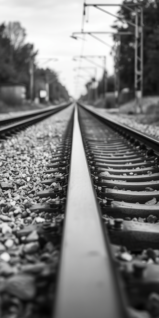 scenic black and white photograph of train tracks diverging, focus on the texture of the gravel and rails, shot at f/8 aperture, ISO 200, 50mm lens, taken from a low angle with a wide perspective, using DSLR camera