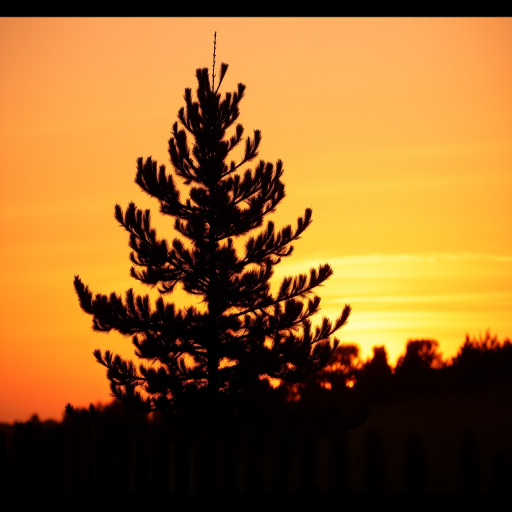 A silhouetted pine tree against a vibrant orange sunset with a wooden fence in the foreground, captured with a DSLR camera at f/8, ISO 100, 1/250 sec shutter speed, with a 35mm lens in landscape orientation.