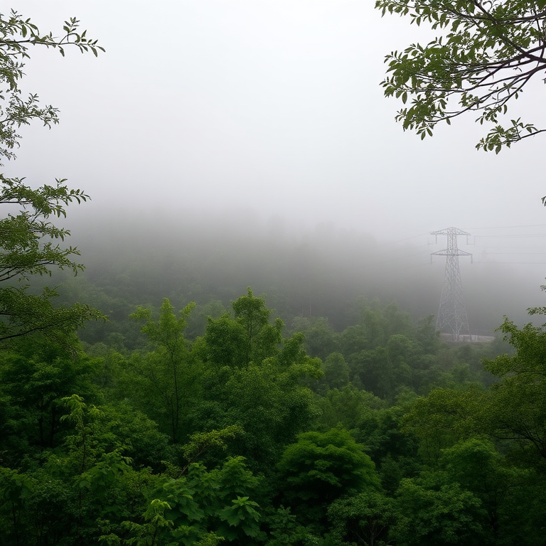 misty forest landscape with dense green foliage and a power line in the background, captured with a Canon EOS R5, 50mm f/1.8 lens, ISO 100, aperture f/4, shutter speed 1/200 sec, shot from a mid-range view to enhance depth and clarity.