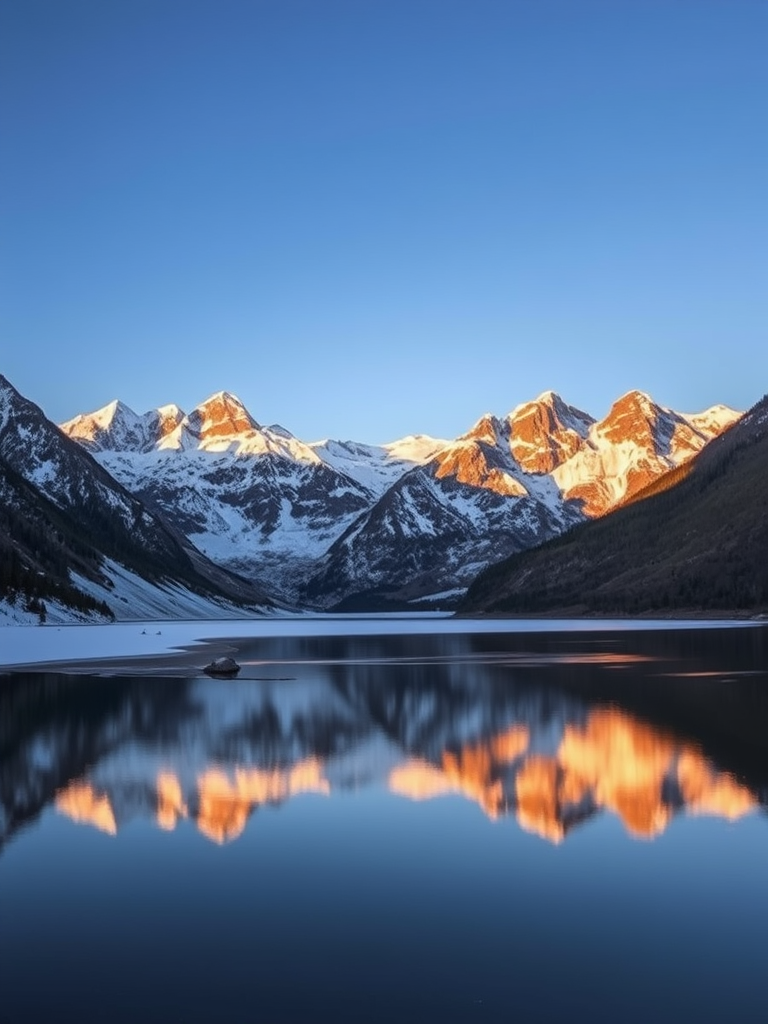 capture a beautiful landscape of snow-capped mountains with a reflective lake in the foreground during clear blue skies, using a DSLR camera with a wide-angle lens, aperture set to f/8, ISO 100, shutter speed of 1/200s, at sunrise for warm lighting and enhanced colors.