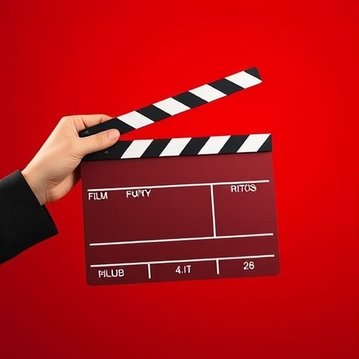 Create a high-resolution digital illustration of a film clapperboard being held by a hand, with a solid vibrant red background, employing a Canon EOS R camera with a 50mm f/1.8 lens, ISO 100, aperture f/2.8, and shutter speed 1/200s.