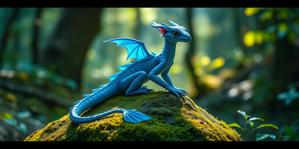 Create a high-resolution image of a blue dragon-like creature sitting on a moss-covered rock, in a vibrant forest setting with magical lighting, captured with a Canon EOS R5, 50mm lens, f/1.8, ISO 200, natural light, shallow depth of field.