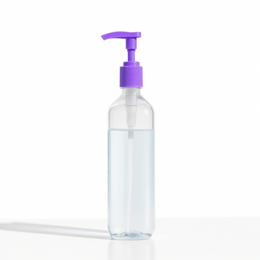 Create a high-resolution image of a sleek, modern hand sanitizer bottle with a purple pump top and a minimalist design, using a 50mm lens, f/2.8 aperture, ISO 100, natural light, front view, DSLR camera.