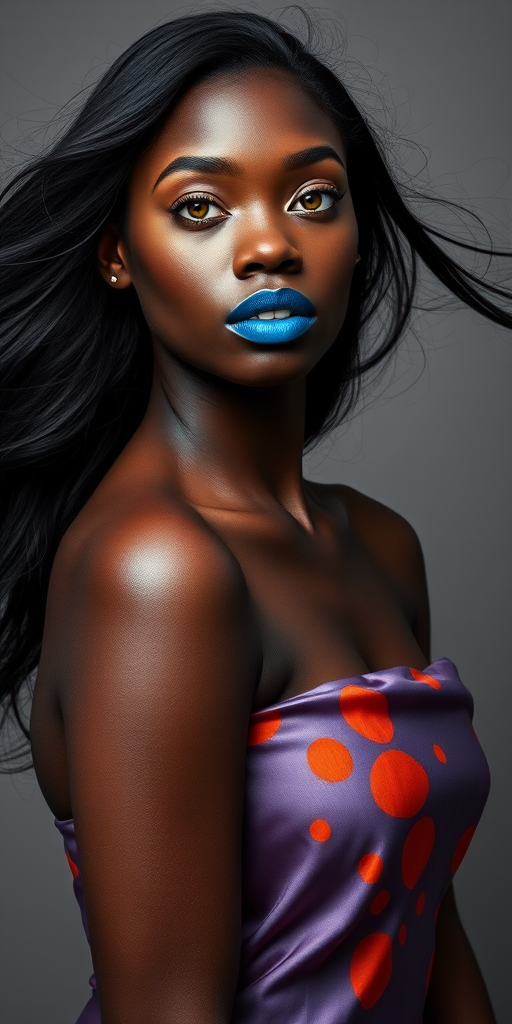 Photographic image of a beautiful young Afro-Caribbean woman, Yellow eyes, lips with cyan lipstick, long hair fluttering in the wind and wearing a silk strapless dress with a soft purple and orange print. monochrome image with only color highlights in the iris of the eyes, lipstick and dress. Gray background.