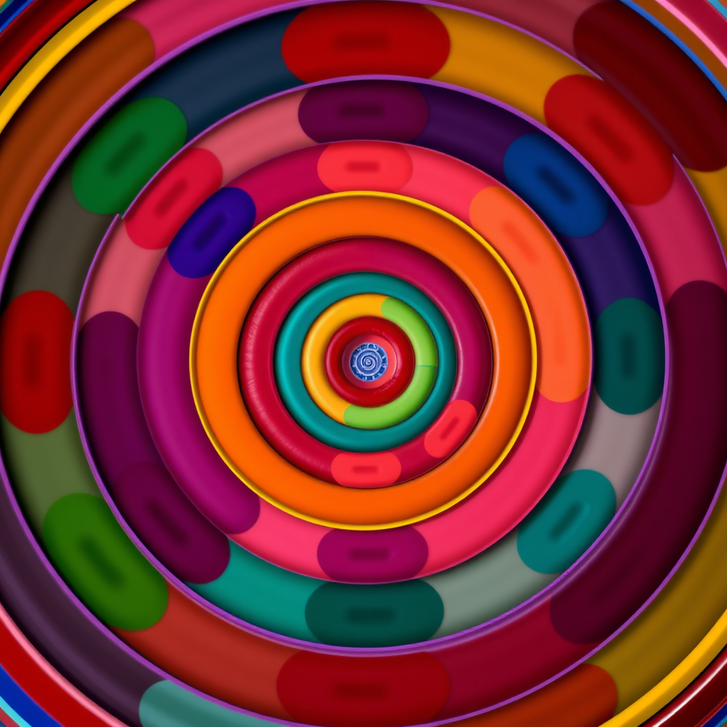 Create a vibrant spiral pattern with concentric circles filled with various colors, using a DSLR camera with a 50mm lens at f/1.8, ISO 100, and a top-down view to enhance clarity and depth.