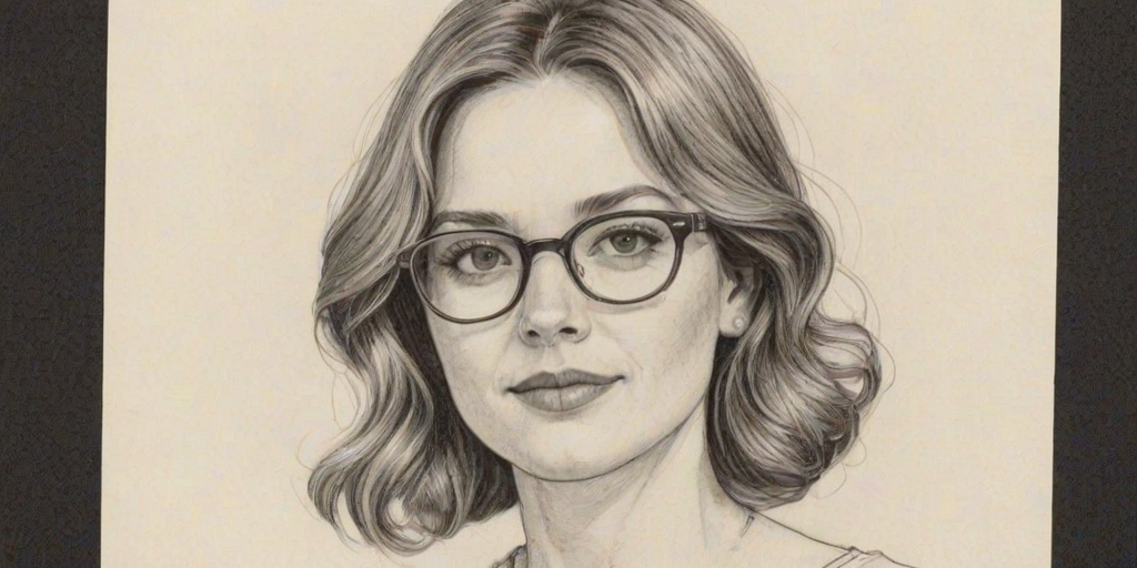 Resplendent Allison Miller, pencil sketch, portrait of Elegant woman 1972s in glasses, hair style beatnik, outline, clear lines, fine lines, 8k