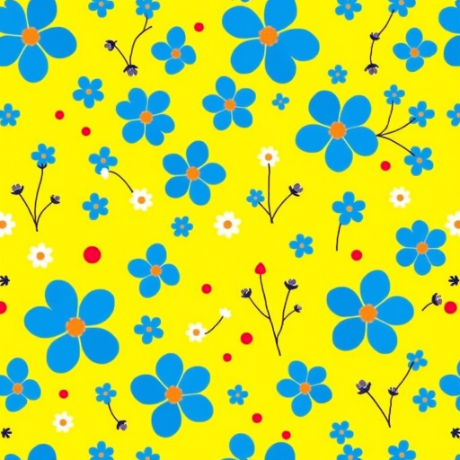generate a pattern featuring a bright yellow background with various blue flowers, small white daisies, red dots, and simple twigs or branches scattered throughout the design