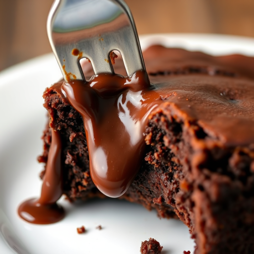 A close-up image of a rich chocolate brownie with a fork inserted into it, showing gooey chocolate sauce dripping down the sides, with a soft and fudgy texture visible in the cross-section of the brownie. The background is softly blurred to emphasize the dessert.