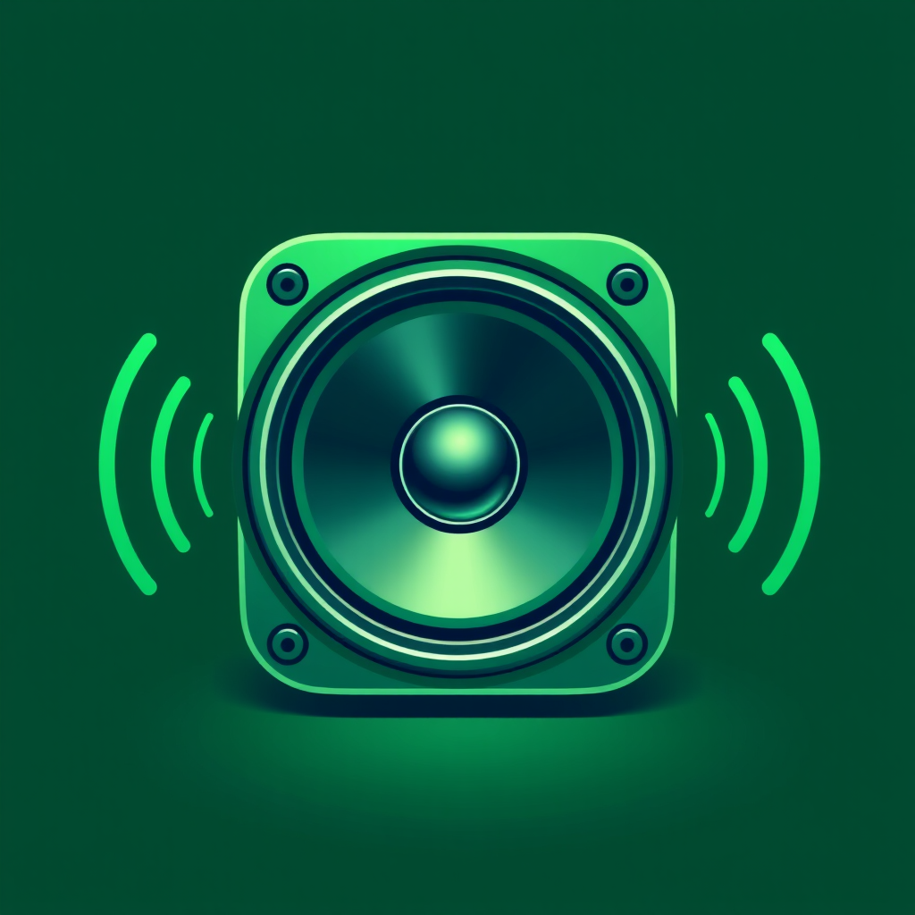 Create an illustration of a green speaker icon with sound waves emanating from it, using a 50mm lens, f/2.8 aperture, ISO 100, in a flat lay view to enhance detail and clarity, in vector graphic style.