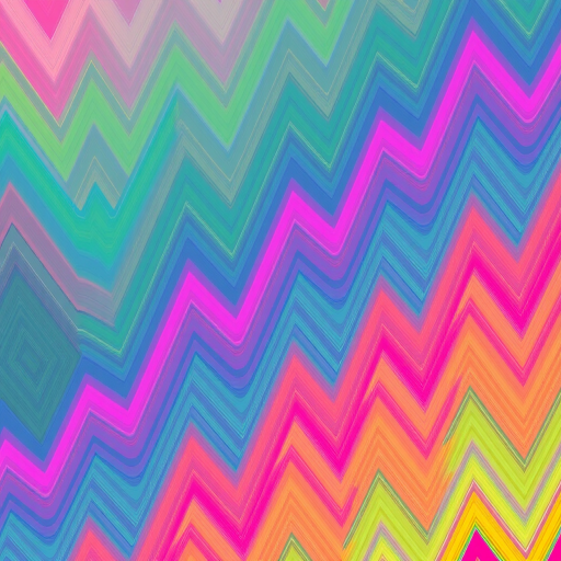 Generate a vibrant zigzag pattern with alternating colors of pink, green, blue, and yellow in high resolution, using a DSLR camera, 50mm lens, f/8 aperture, ISO 100, and a shallow depth of field to enhance the crispness of lines and colors.