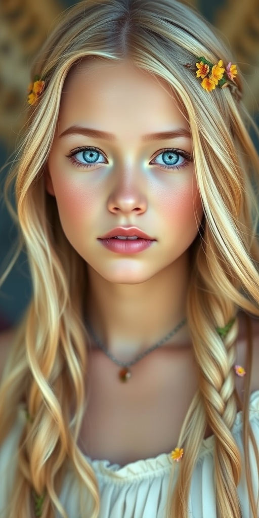 Create an image of a young Pacific Islander woman with long, wavy blonde hair, adorned with small, colorful flowers woven into her braids and loose strands. Her complexion is fair, with soft, glowing skin, and she has light blue eyes that gaze softly at the viewer. She wears a light, flowing dress with a gentle, ethereal quality, complementing her delicate and serene appearance. The background is slightly blurred, drawing focus to her tranquil expression and the intricate details of the flowers in her hair. The overall mood of the image is one of natural beauty and grace, evoking a sense of peacefulness and connection with nature.