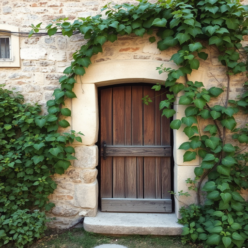 a weathered stone wall with an old wooden door partially opened, surrounded by lush green foliage and a twisting vine, soft natural light illuminating the scene, rustic and charming atmosphere